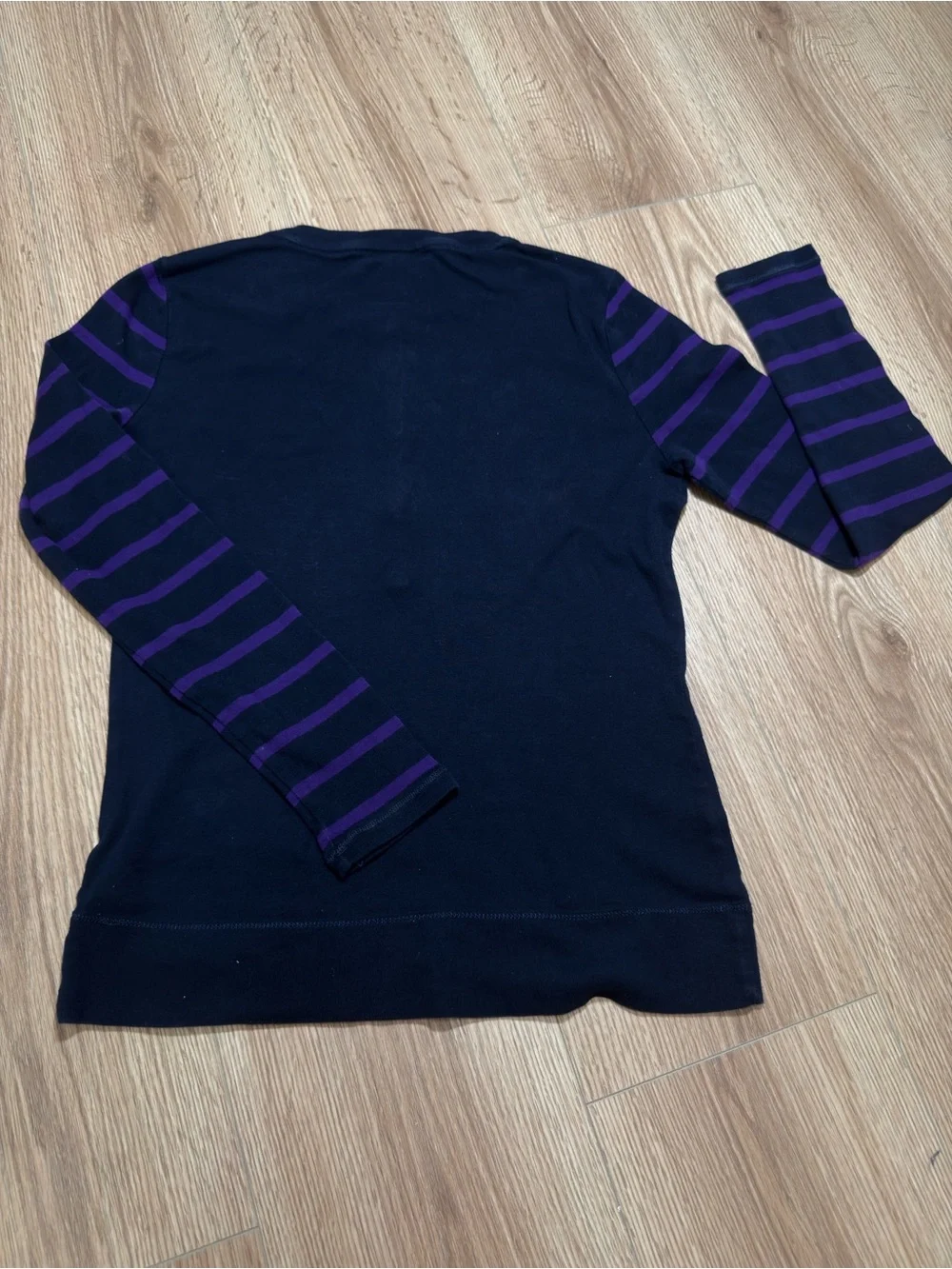 Ralph Lauren Navy Crewneck with Purple Striped Sleeves and Crest